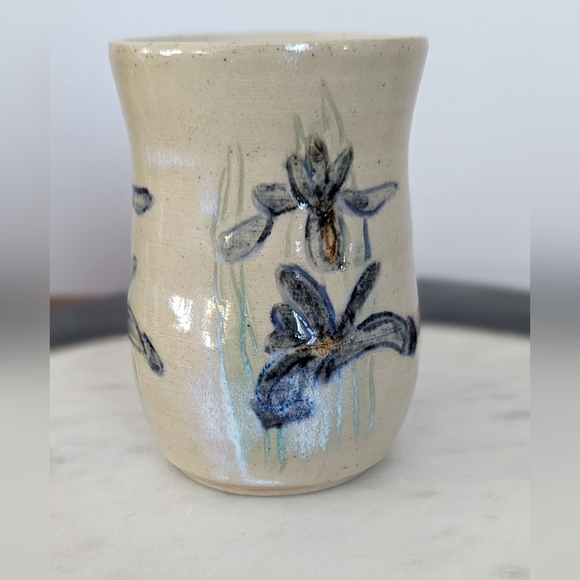 Vintage Studio Art Pottery Glazed Hand Painted Blue Irises Floral Mug - Picture 2 of 9